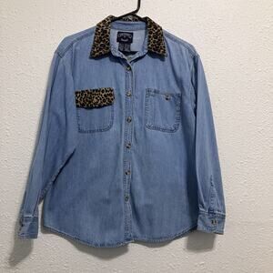 Vtg Solutions Womens Chambray Shirt Leopard Print Collar Pocket L/S 90s Sz L